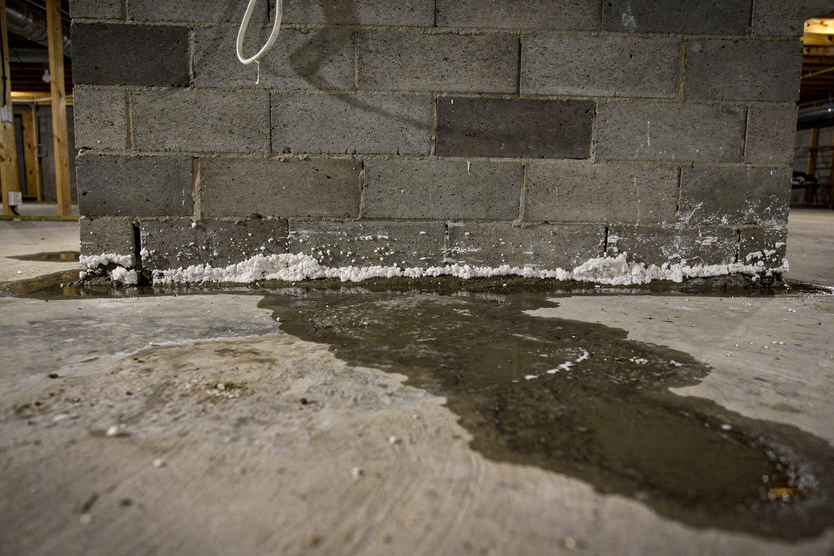 Water seeping along the joint where a block basement wall meets the floor, with a dark wet stain spreading across the slab.
