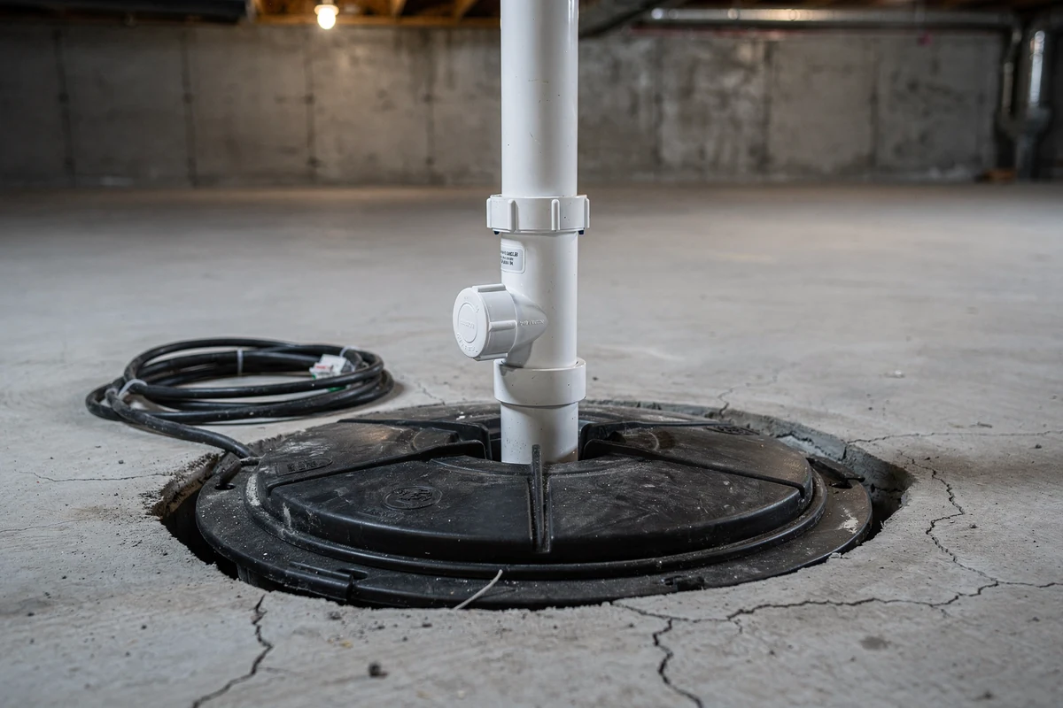 A sealed sump pit with a black lid, a white PVC discharge pipe with a check valve rising from it and electrical cable coiled beside.